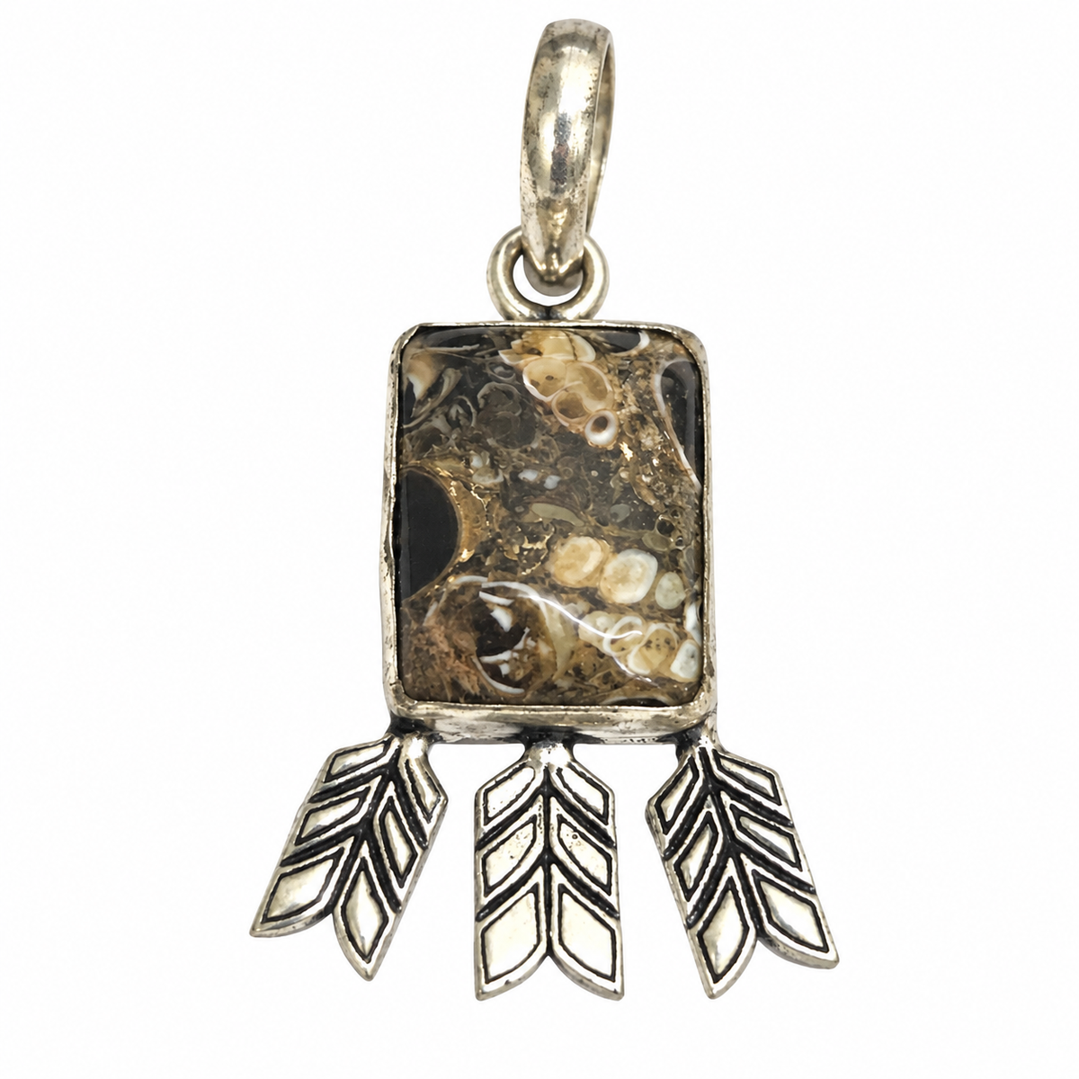 Turritella Fossil Pendant, Leaf Silver Boho Statement Jewelry PEN300-SLV-NTT01