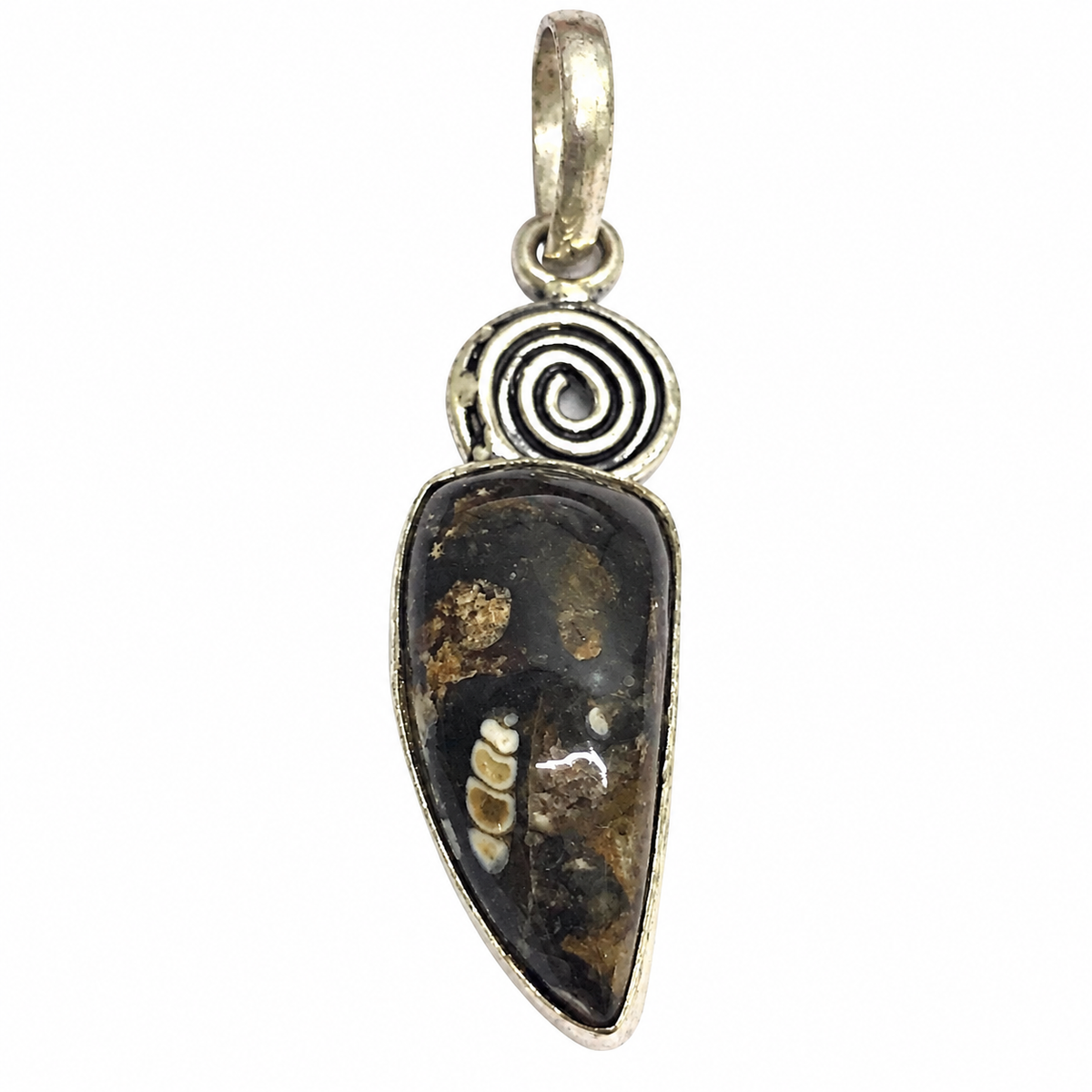 Turritella Fossil Pendant, Black Stone Silver Boho Jewelry PEN301-SLV-NTT01