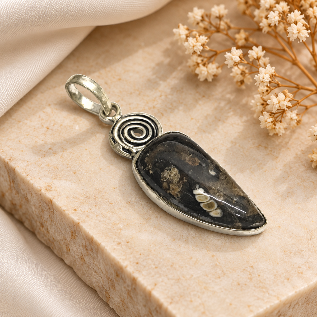 Turritella Fossil Pendant, Black Stone Silver Boho Jewelry PEN301-SLV-NTT01