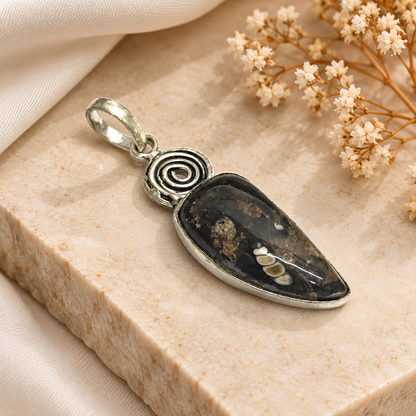 Turritella Fossil Pendant, Black Stone Silver Boho Jewelry PEN301-SLV-NTT01