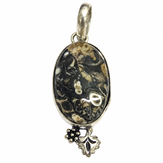 Turritella Fossil Pendant, Black Shell Stone Silver Jewelry PEN302-SLV-NTT01
