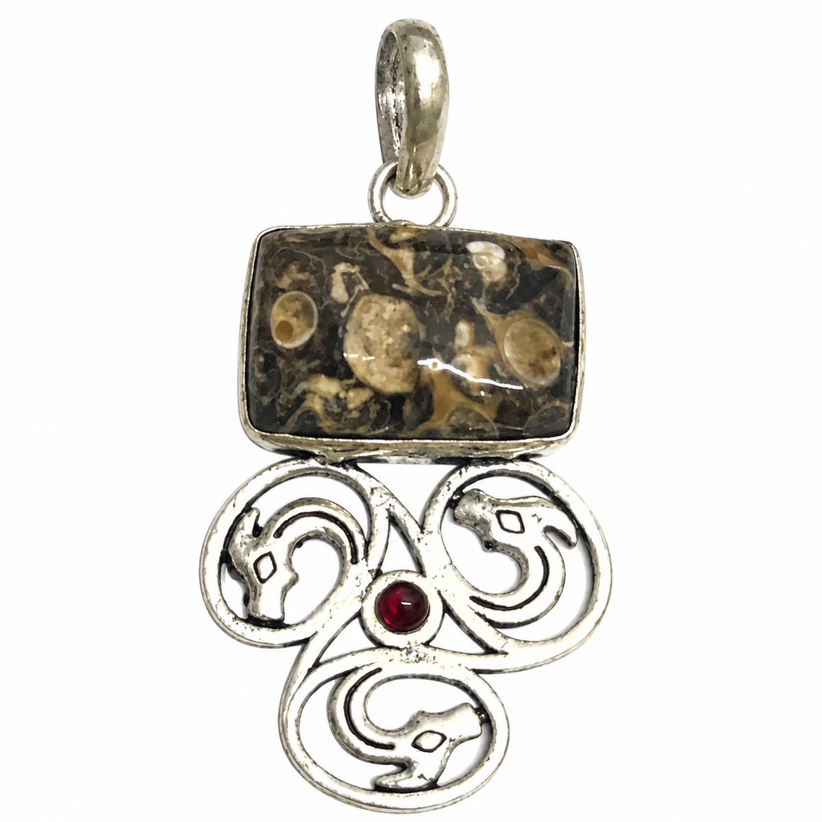 Turritella Fossil Garnet Pendant, Silver Boho Jewelry PEN303-SLV-NTT-LGR02