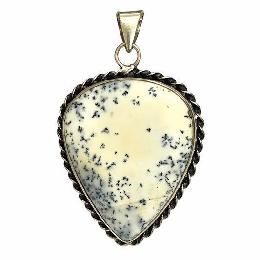 White Dendritic Agate Pendant, Boho Statement Gemstone Jewelry PEN305-SLV-NDAG01