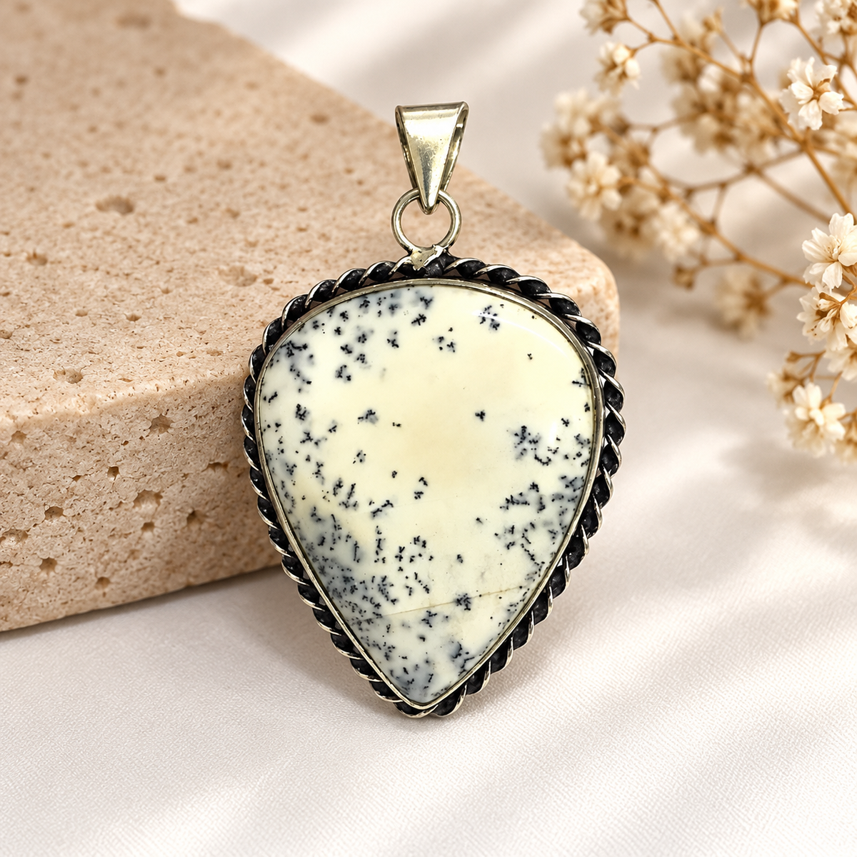 White Dendritic Agate Pendant, Boho Statement Gemstone Jewelry PEN305-SLV-NDAG01