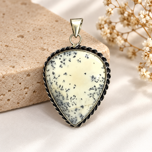 White Dendritic Agate Pendant, Boho Statement Gemstone Jewelry PEN305-SLV-NDAG01