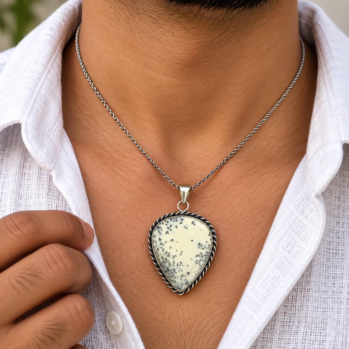 White Dendritic Agate Pendant, Boho Statement Gemstone Jewelry PEN305-SLV-NDAG01