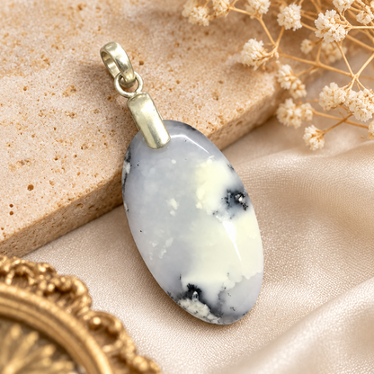 Dendritic Agate Oval Pendant Natural Stone Silver Jewelry PEN306-SLV-NDAG01
