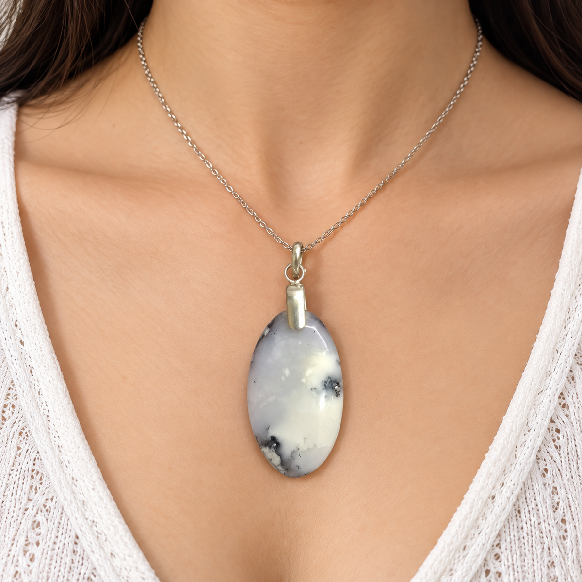 Dendritic Agate Oval Pendant Natural Stone Silver Jewelry PEN306-SLV-NDAG01