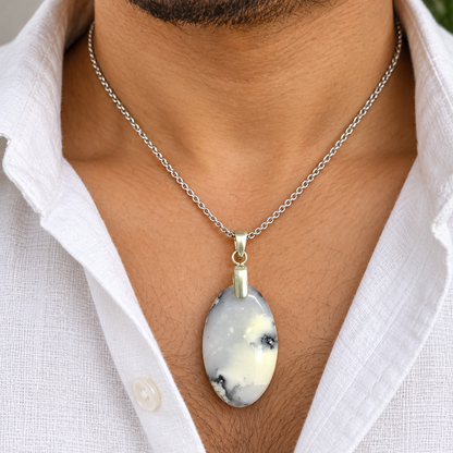 Dendritic Agate Oval Pendant Natural Stone Silver Jewelry PEN306-SLV-NDAG01