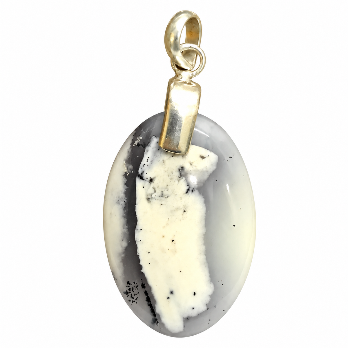 Dendritic Agate Pendant, White Gray Oval Gemstone Jewelry PEN307-SLV-NDAG01