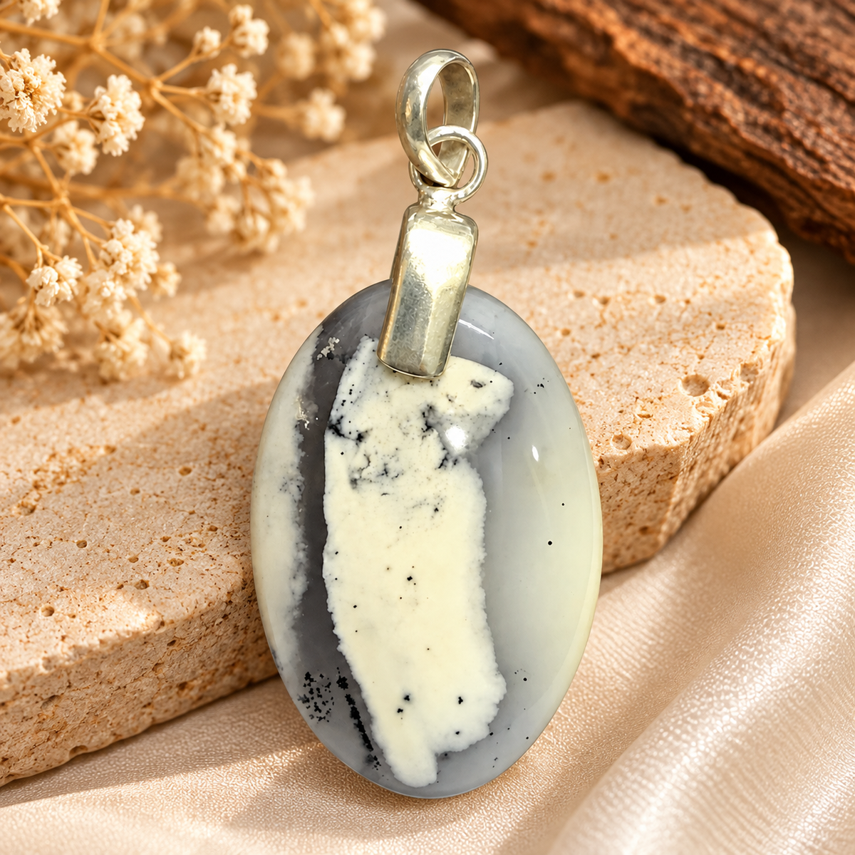Dendritic Agate Pendant, White Gray Oval Gemstone Jewelry PEN307-SLV-NDAG01