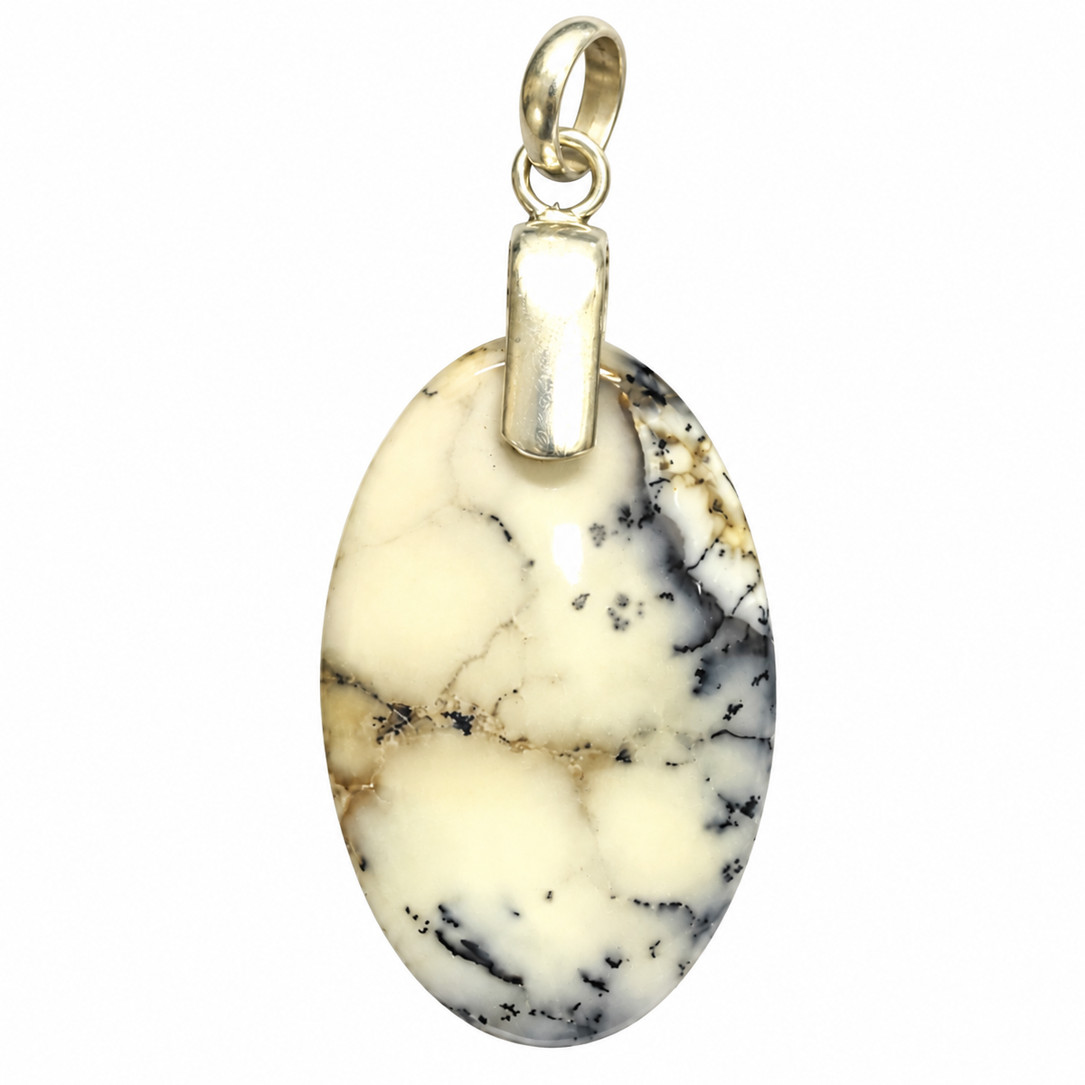Natural Dendritic Agate Pendant, White Black Oval Gemstone PEN308-SLV-NDAG02
