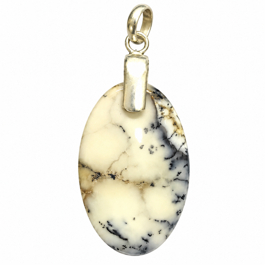 Natural Dendritic Agate Pendant, White Black Oval Gemstone PEN308-SLV-NDAG02