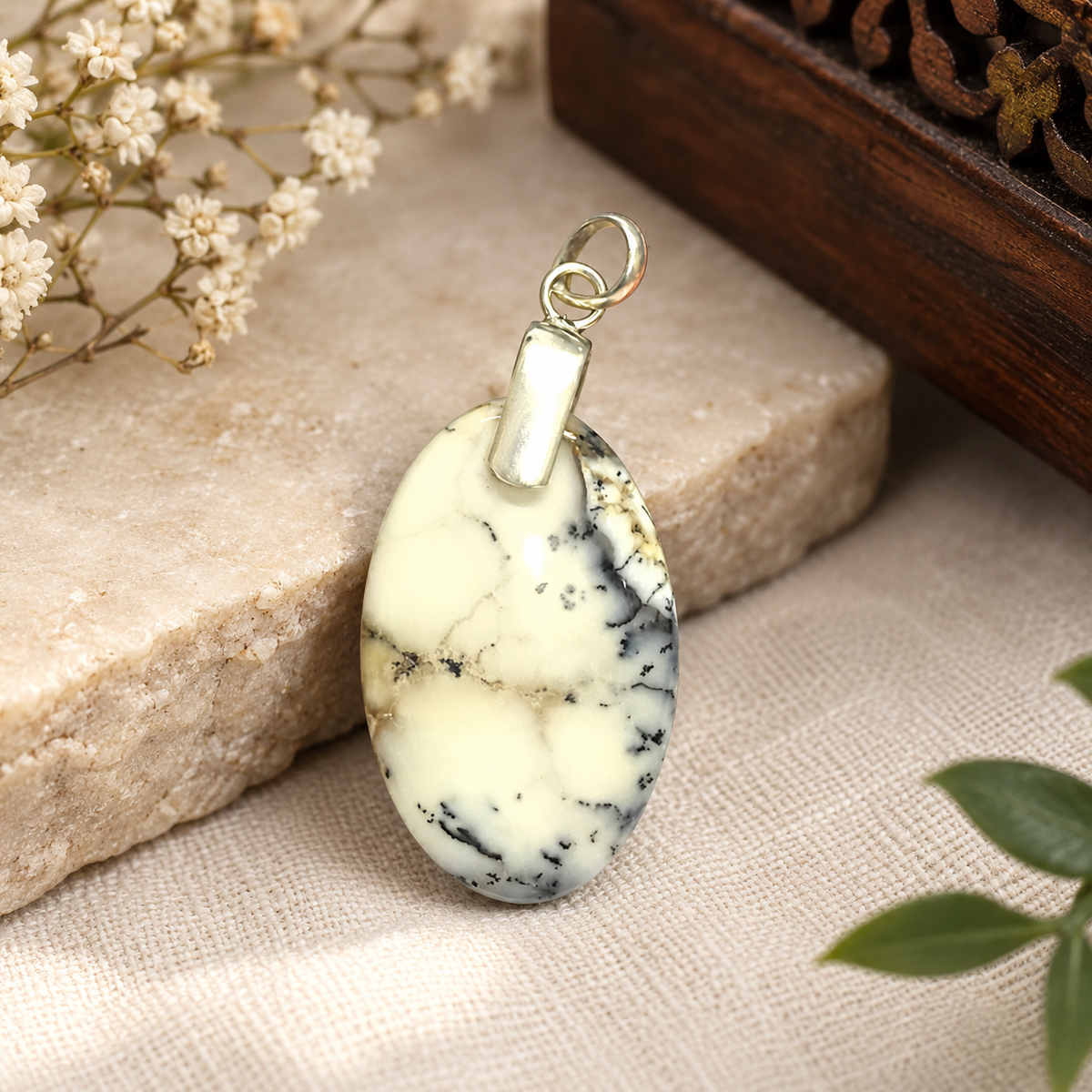 Natural Dendritic Agate Pendant, White Black Oval Gemstone PEN308-SLV-NDAG02
