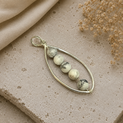 White Howlite Pendant, Silver Teardrop Minimal Boho Jewelry PEN309-SLV-NHWT05