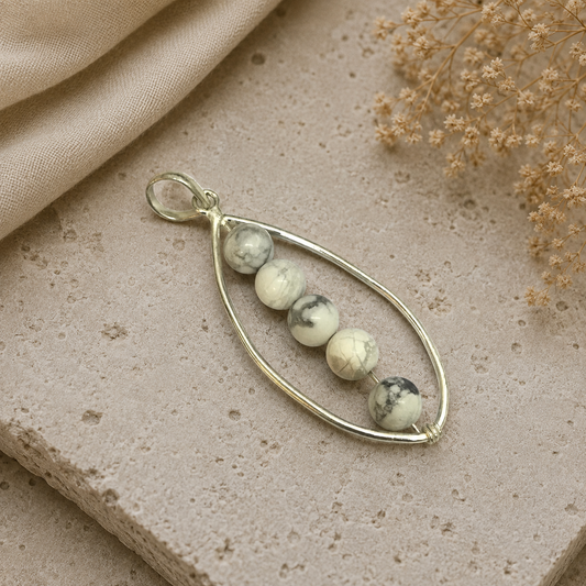 White Howlite Pendant, Silver Teardrop Minimal Boho Jewelry PEN309-SLV-NHWT05
