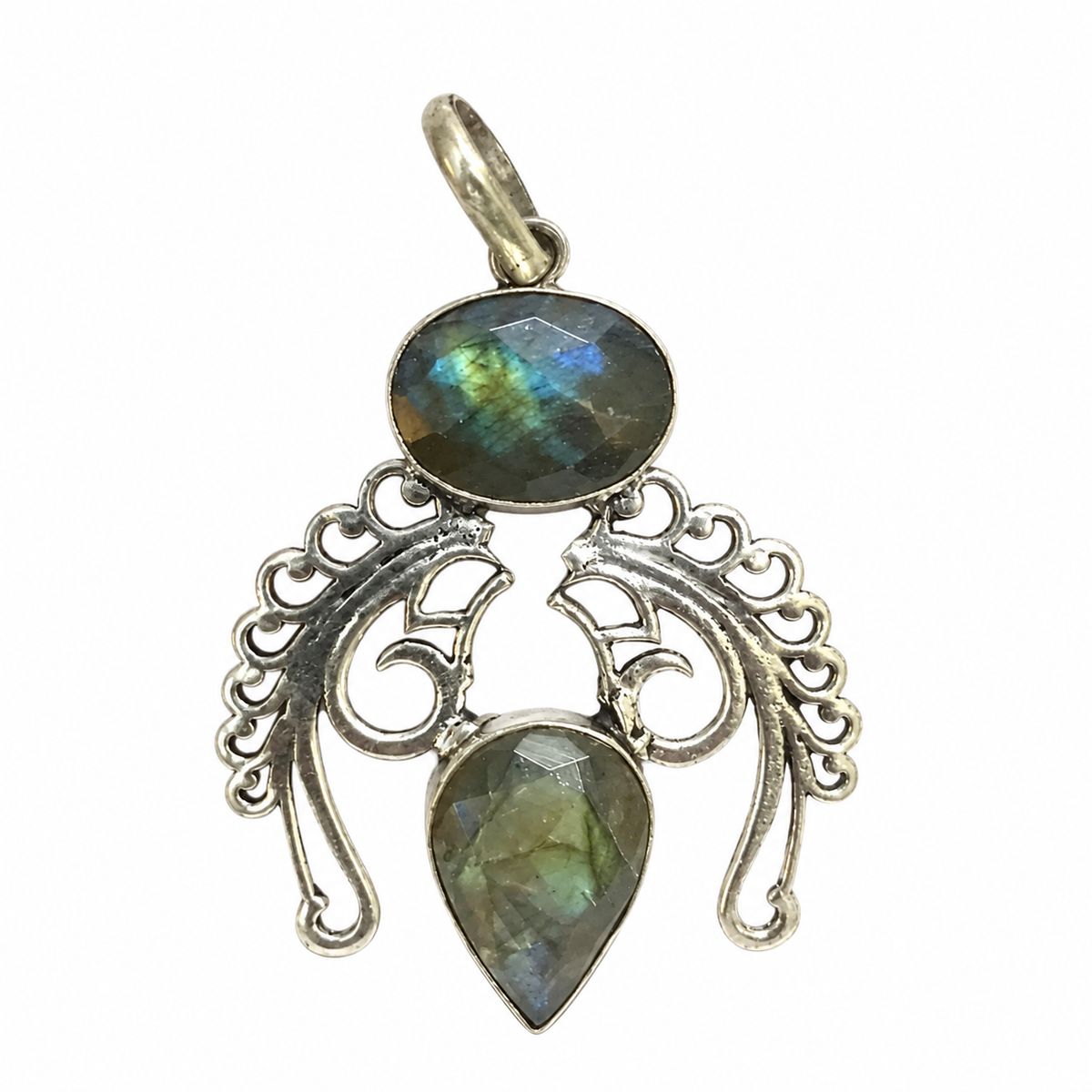 Labradorite Double Stone Pendant Ornate Silver Boho Jewelry PEN311-SLV-NLBD02