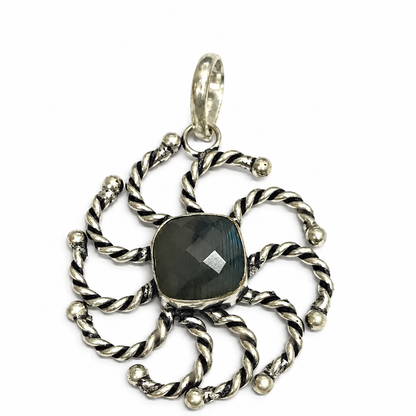 Labradorite Flower Pendant, Boho Floral Statement Gemstone PEN312-SLV-NLBD01