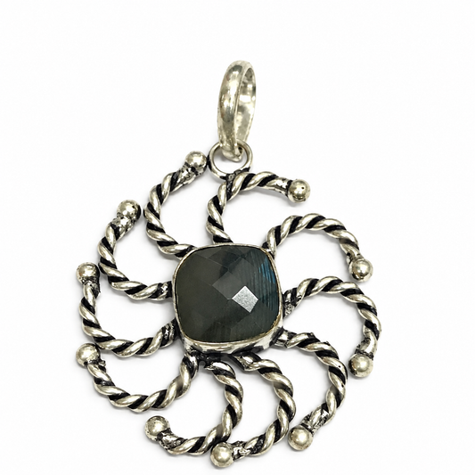 Labradorite Flower Pendant, Boho Floral Statement Gemstone PEN312-SLV-NLBD01
