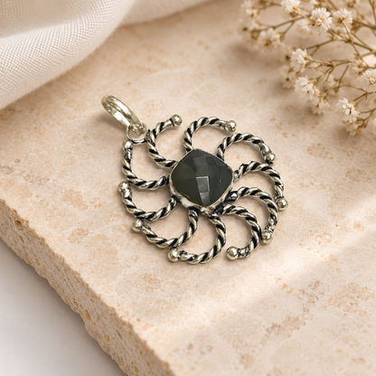 Labradorite Flower Pendant, Boho Floral Statement Gemstone PEN312-SLV-NLBD01