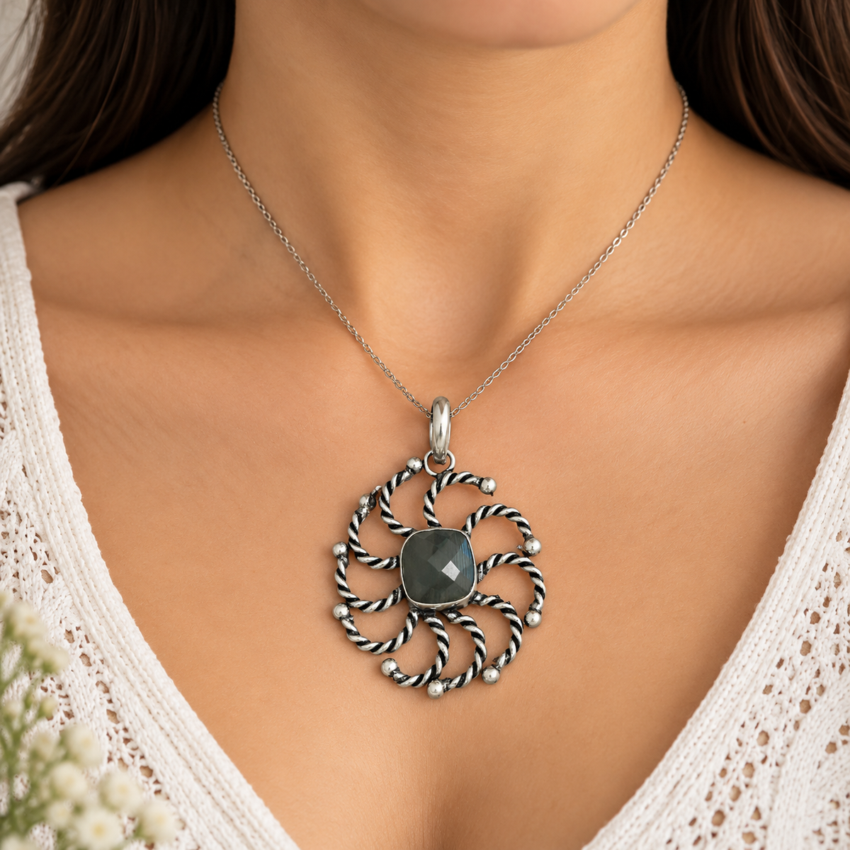 Labradorite Flower Pendant, Boho Floral Statement Gemstone PEN312-SLV-NLBD01