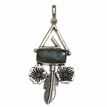 Labradorite Floral Leaf Pendant, Boho Silver Statement Jewelry PEN313-SLV-NLBD01