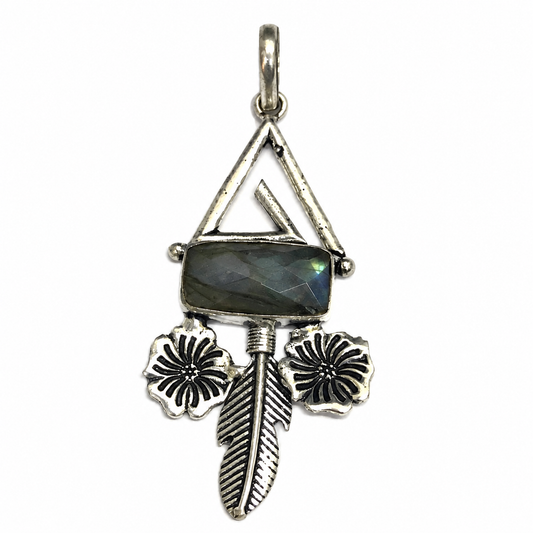 Labradorite Floral Leaf Pendant, Boho Silver Statement Jewelry PEN313-SLV-NLBD01