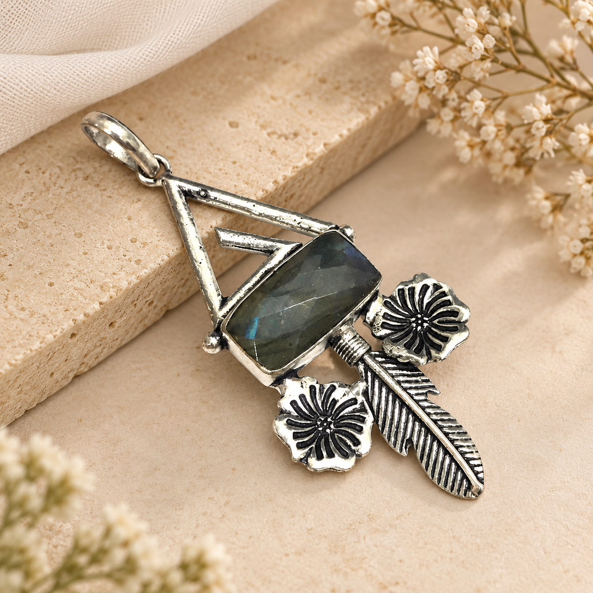 Labradorite Floral Leaf Pendant, Boho Silver Statement Jewelry PEN313-SLV-NLBD01