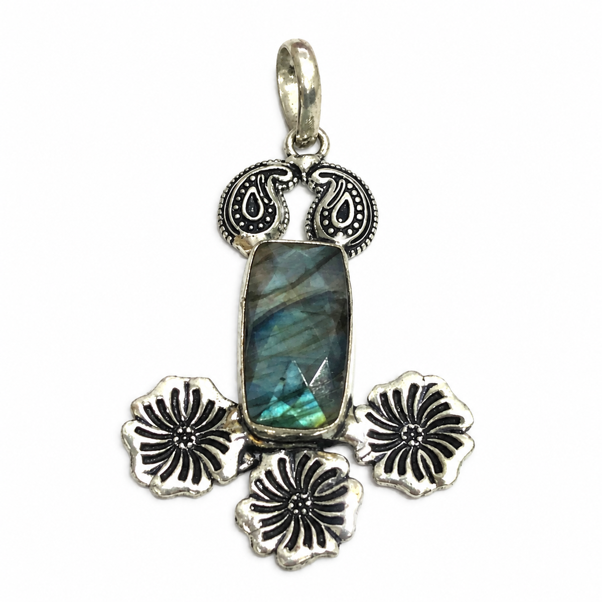 Labradorite Floral Pendant, Boho Paisley Statement Silver Jewelry PEN314-SLV-NLBD01