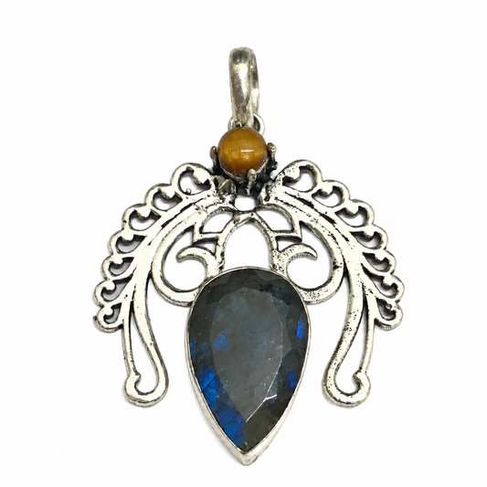 Natural Labradorite Tiger eye Pendant Blue Gemstone Silver Jewelry PEN317-SLV-NLBD-NTE02