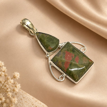 Natural Unakite Gemstone Pendant, Silver Boho Statement Jewelry PEN318-SLV-NRUN02