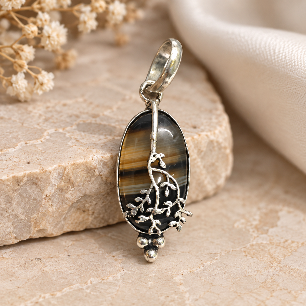 Natural Agate Pendant, Tree of Life Gemstone Boho Silver Jewelry PEN319-SLV-NAG01