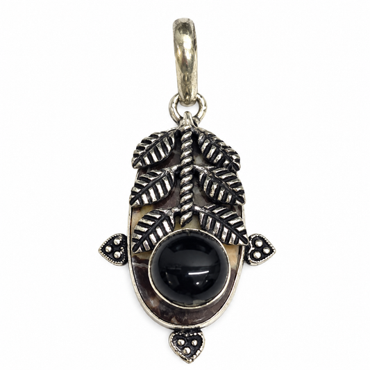 Black Onyx Jasper Leaf Pendant, Nature Inspired Boho Silver Jewelry PEN320-SLV-NCCJR-NBO02