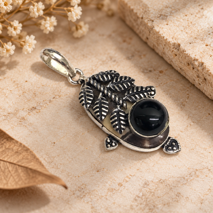 Black Onyx Jasper Leaf Pendant, Nature Inspired Boho Silver Jewelry PEN320-SLV-NCCJR-NBO02