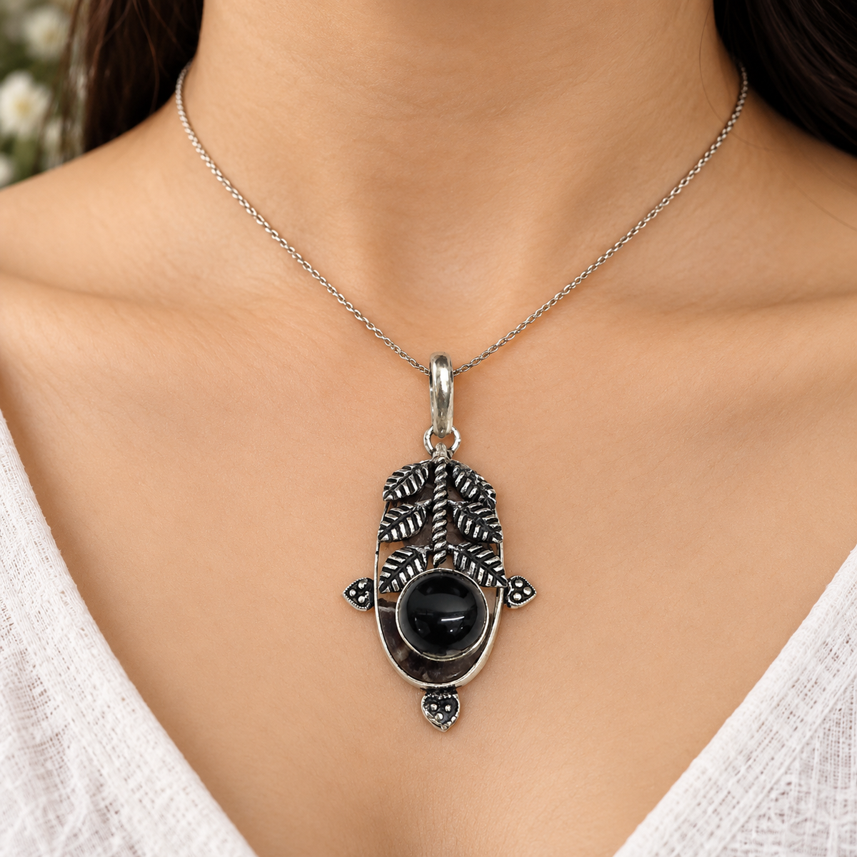 Black Onyx Jasper Leaf Pendant, Nature Inspired Boho Silver Jewelry PEN320-SLV-NCCJR-NBO02