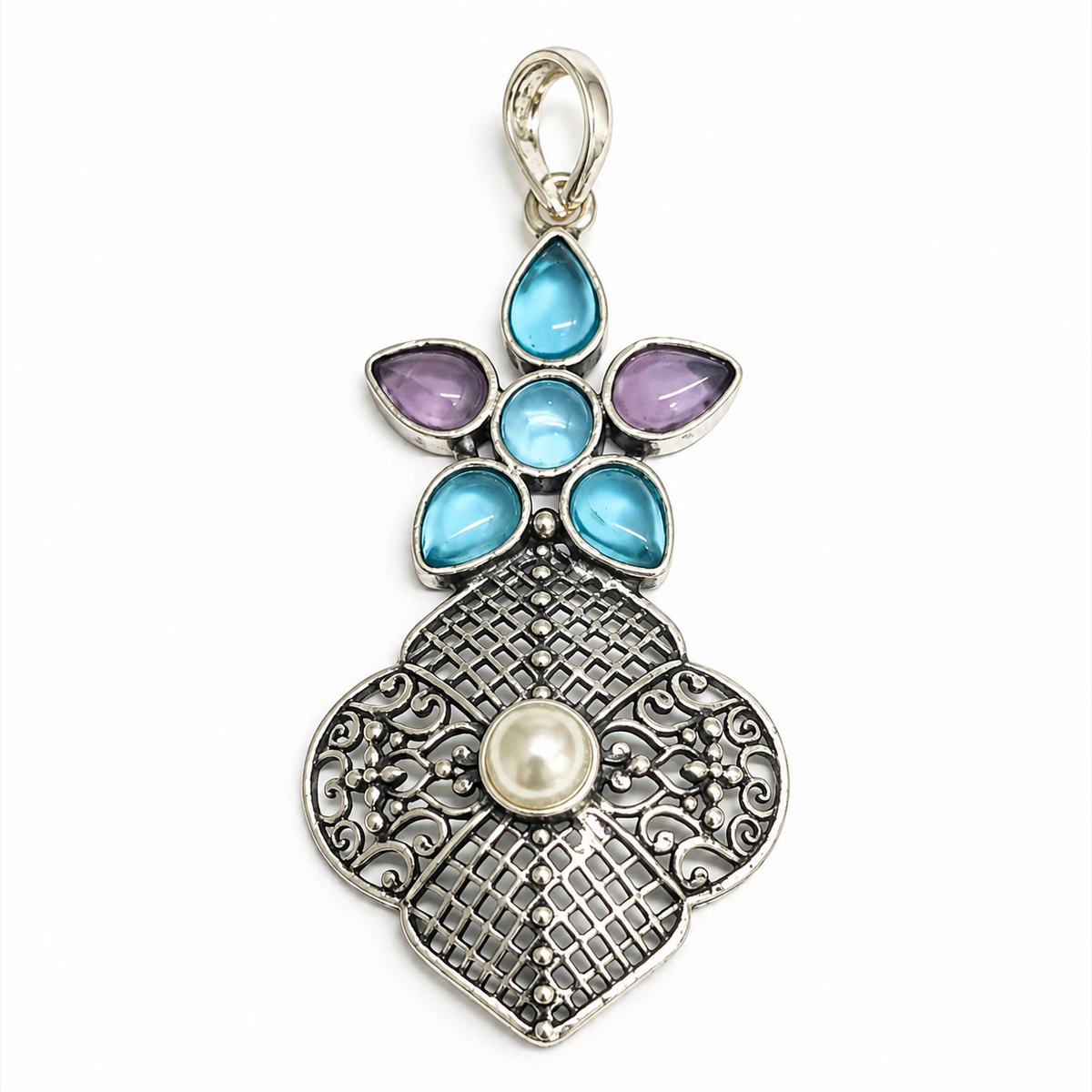 Multicolor Gemstone Pearl Pendant Boho Artisan Statement PEN322-SLV-LMUL07