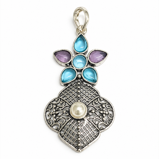 Multicolor Gemstone Pearl Pendant Boho Artisan Statement PEN322-SLV-LMUL07