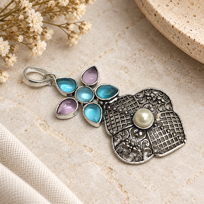 Multicolor Gemstone Pearl Pendant Boho Artisan Statement PEN322-SLV-LMUL07