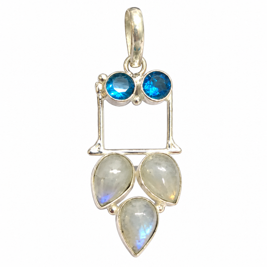 Moonstone Blue Topaz Pendant, Silver Tone Boho Gemstone Jewelry PEN323-SLV-NMS-LBT05