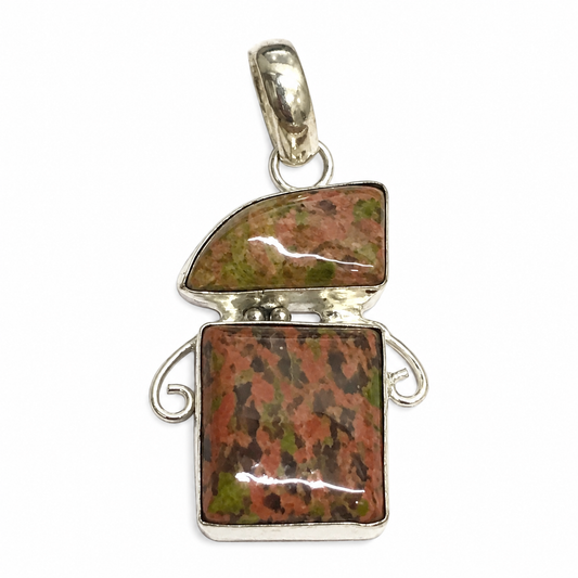 Natural Unakite Pendant, Silver Boho Gemstone Tribal Jewelry PEN326-SLV-NRUN02