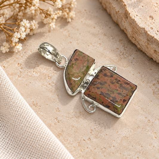 Natural Unakite Pendant, Silver Boho Gemstone Tribal Jewelry PEN326-SLV-NRUN02