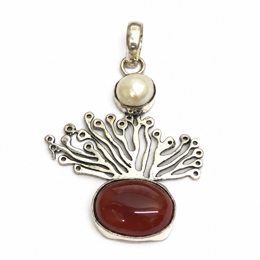 Red Onyx Pearl Pendant Silver Peacock Boho Gemstone Jewelry PEN327-SLV-NRO-NPRL02