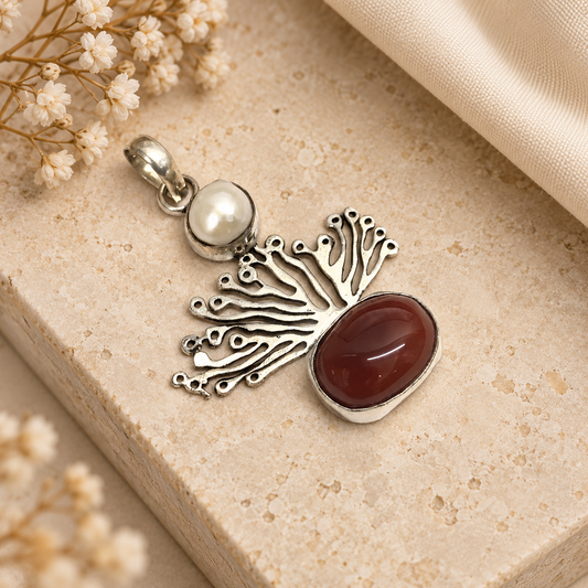 Red Onyx Pearl Pendant Silver Peacock Boho Gemstone Jewelry PEN327-SLV-NRO-NPRL02
