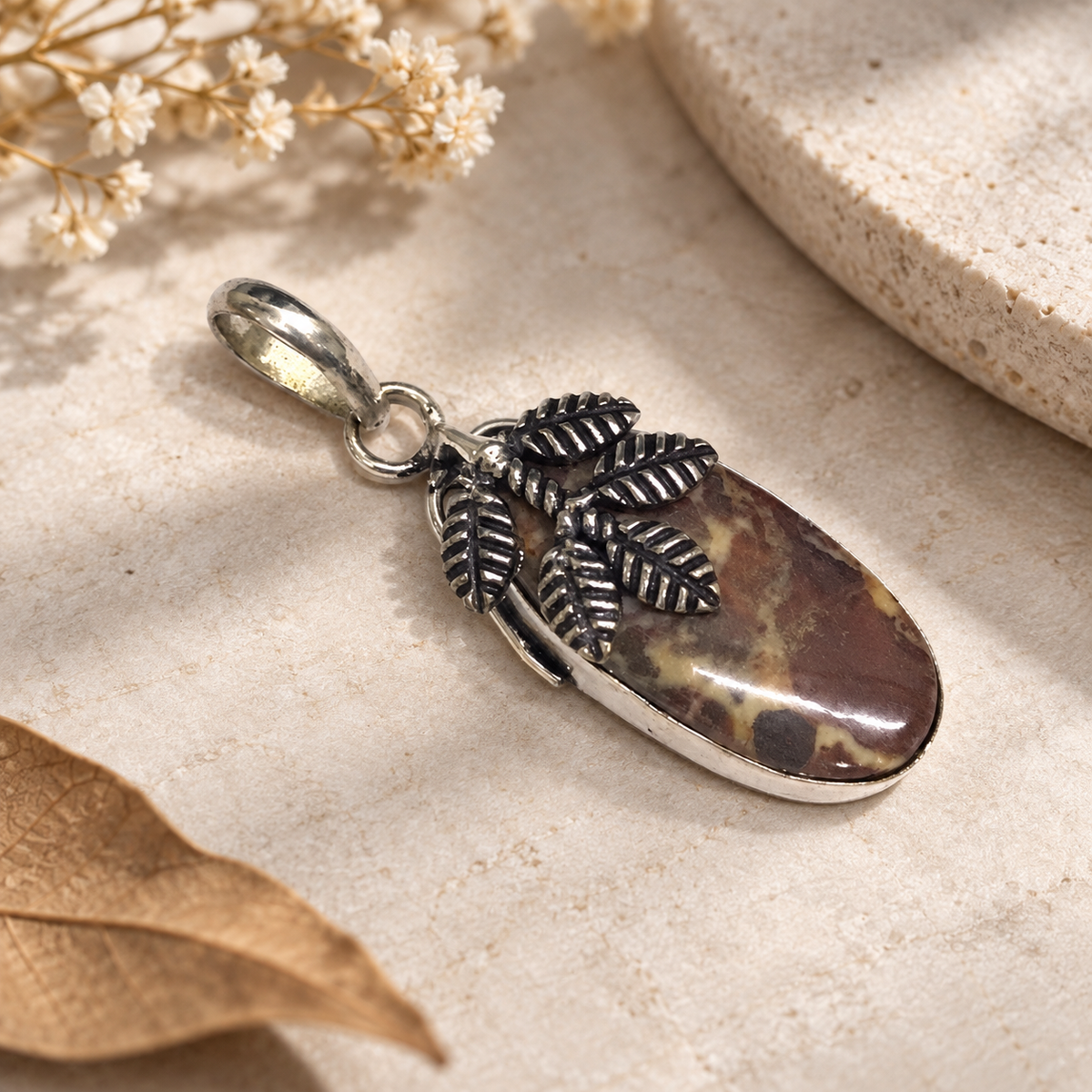 Natural Coconut jasper Leaf Pendant Boho Botanical Gemstone Jewelry PEN328-SLV-NCCJR01
