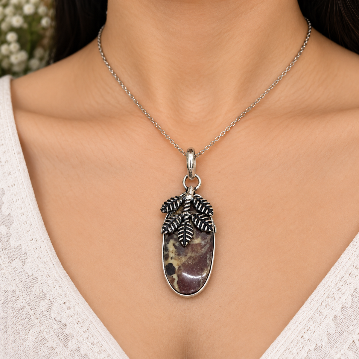Natural Coconut jasper Leaf Pendant Boho Botanical Gemstone Jewelry PEN328-SLV-NCCJR01