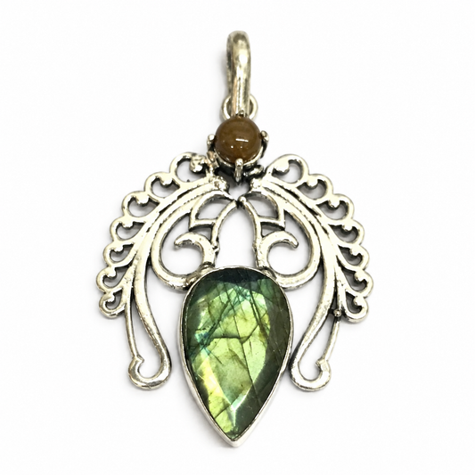 Labradorite Tiger Eye Peacock Pendant, Silver Boho Gemstone PEN329-SLV-NTE-NLBD02