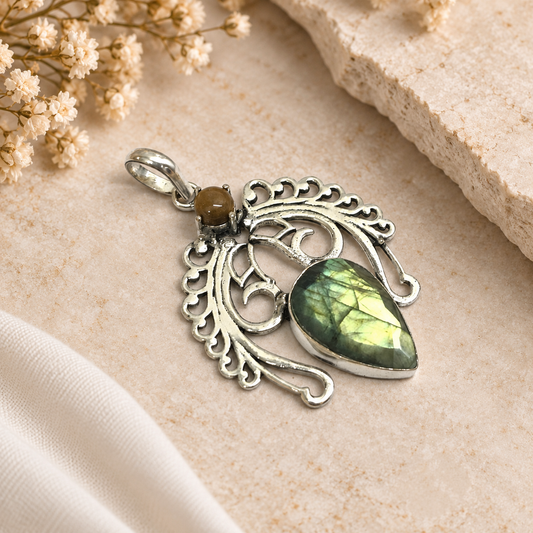 Labradorite Tiger Eye Peacock Pendant, Silver Boho Gemstone PEN329-SLV-NTE-NLBD02