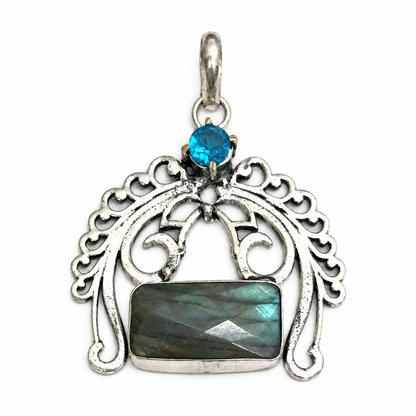 Labradorite Blue Topaz Pendant, Silver Peacock Boho Jewelry PEN331-SLV-NLBD-LBT02