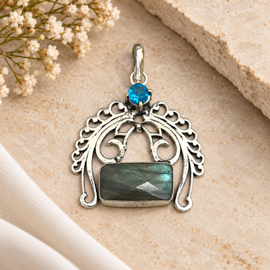 Labradorite Blue Topaz Pendant, Silver Peacock Boho Jewelry PEN331-SLV-NLBD-LBT02
