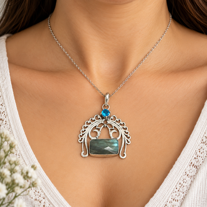 Labradorite Blue Topaz Pendant, Silver Peacock Boho Jewelry PEN331-SLV-NLBD-LBT02